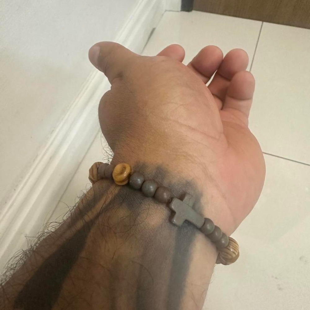 Mens Wooden Bead Cross Bracelet Brown Spiritual Stretch Jewelry
